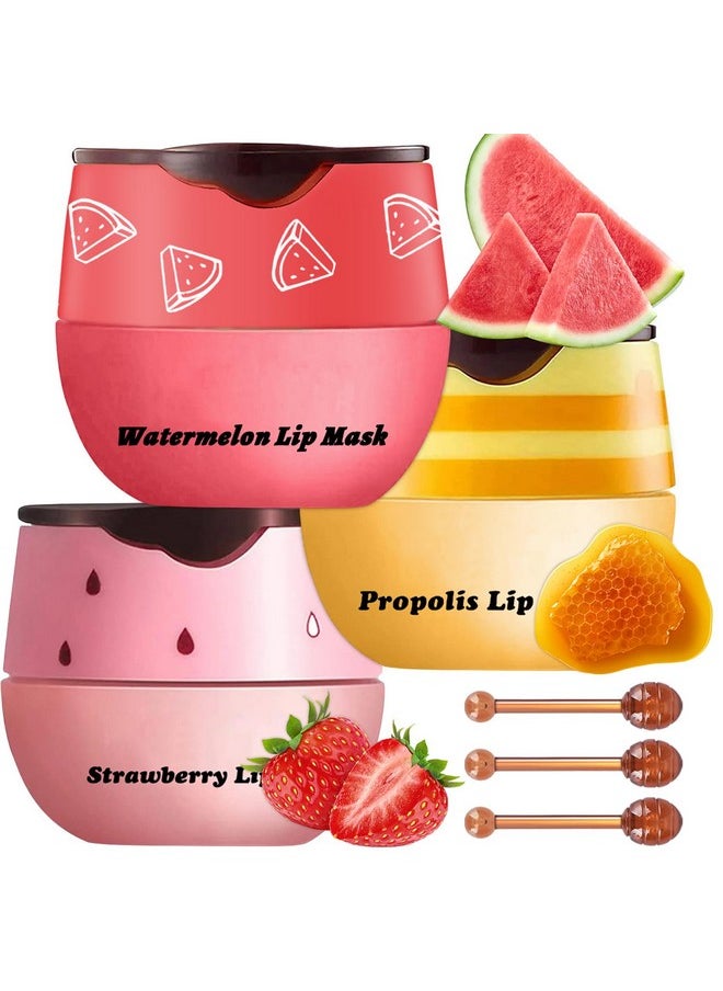 LemonSac - 3 Pcs Bee Lip Balm Honey Pot Honey & Strawberry & Watermelon Lip Mask Overnight Propolis Moisturizing Lip Balm Hydrating Prevention Dry And Crack Lip Scrubs Exfoliator Lip Wrinkle Care (Set B) - Image 1