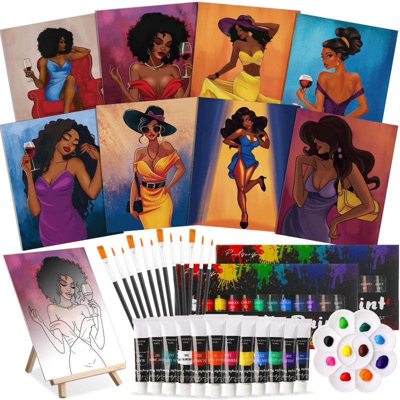 Cholemy 36 Pcs Paint and Sip Kit for Adults 8''x10'' Pre Drawn Canvas for Painting DIY Afro Acrylic Painting Kit Wood Easel Brushes Date Night Bulk for Easter Party Gifts(Charming Lady) - Image 1