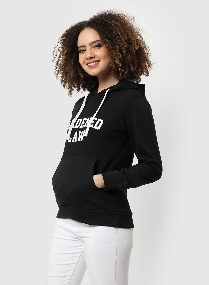 Campus Sutra Women's Onyx Black Hardened-Law Print Pullover Hoodie