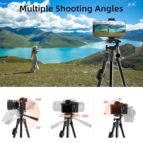 Fotopro Camera Tripod, 51'' Lightweight Portable Travel Tripods for Camera and Phone with 3-Way Head Remote Control Cellphone Holder Travel Bag, Aluminum Phone Tripod Stand for Recording LiveStreaming - Image 3
