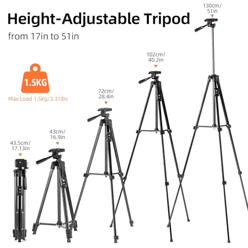 Fotopro Camera Tripod, 51'' Lightweight Portable Travel Tripods for Camera and Phone with 3-Way Head Remote Control Cellphone Holder Travel Bag, Aluminum Phone Tripod Stand for Recording LiveStreaming - Image 2