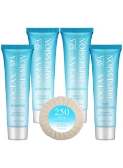 OPPEAL OCEAN SPA IMPRESSION Travel Size Toiletries 5 in 1 Sets, 1 oz Shampoo and Conditioner, Body Wash, Lotion & 0.7 oz Hotel Soaps Bulk, 250 Pcs Hotel Amenities, Perfect Coconut Scent