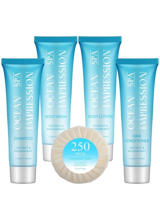 OPPEAL.HOSMALL - OPPEAL OCEAN SPA IMPRESSION Travel Size Toiletries 5 in 1 Sets, 1 oz Shampoo and Conditioner, Body Wash, Lotion & 0.7 oz Hotel Soaps Bulk, 250 Pcs Hotel Amenities, Perfect Coconut Scent - Image 1