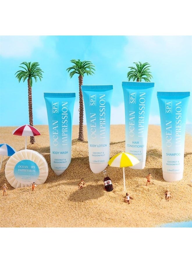 OPPEAL.HOSMALL - OPPEAL OCEAN SPA IMPRESSION Travel Size Toiletries 5 in 1 Sets, 1 oz Shampoo and Conditioner, Body Wash, Lotion & 0.7 oz Hotel Soaps Bulk, 250 Pcs Hotel Amenities, Perfect Coconut Scent - Image 1
