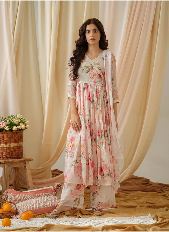 DW Floral Printed V-Neck A-Line Kurta and Trousers with Dupatta Set by Styli  - Image 1