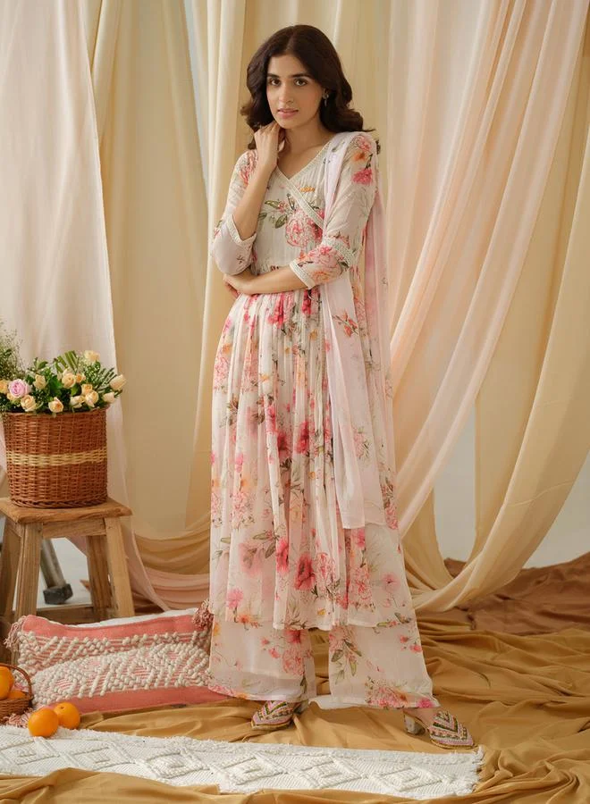 DW DW Floral Printed V-Neck A-Line Kurta and Trousers with Dupatta Set