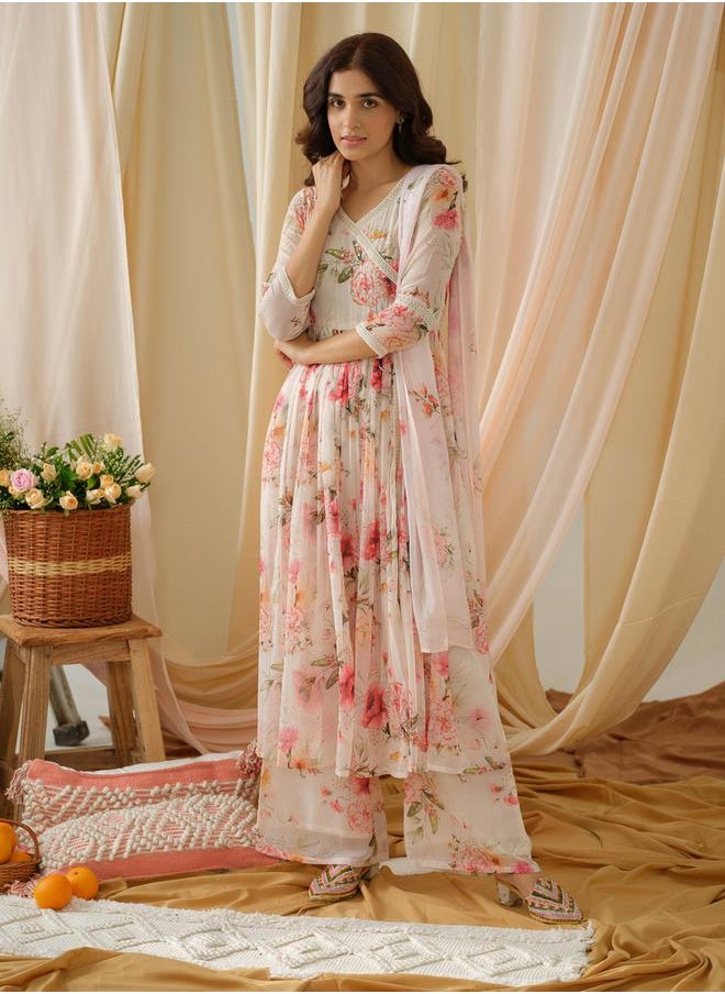 DW Floral Printed V-Neck A-Line Kurta and Trousers with Dupatta Set by Styli  - Image 3