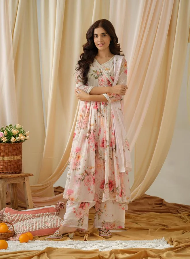DW DW Floral Printed V-Neck A-Line Kurta and Trousers with Dupatta Set