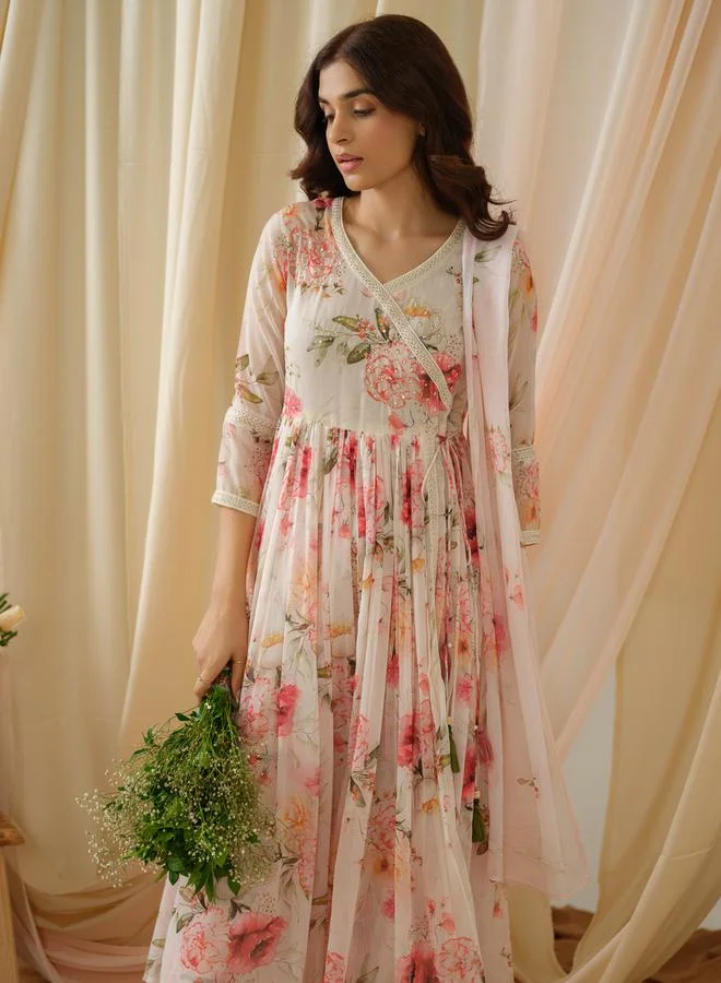 DW DW Floral Printed V-Neck A-Line Kurta and Trousers with Dupatta Set