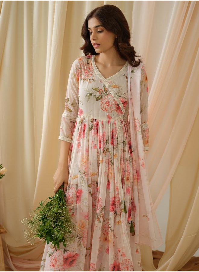 DW Floral Printed V-Neck A-Line Kurta and Trousers with Dupatta Set by Styli  - Image 4