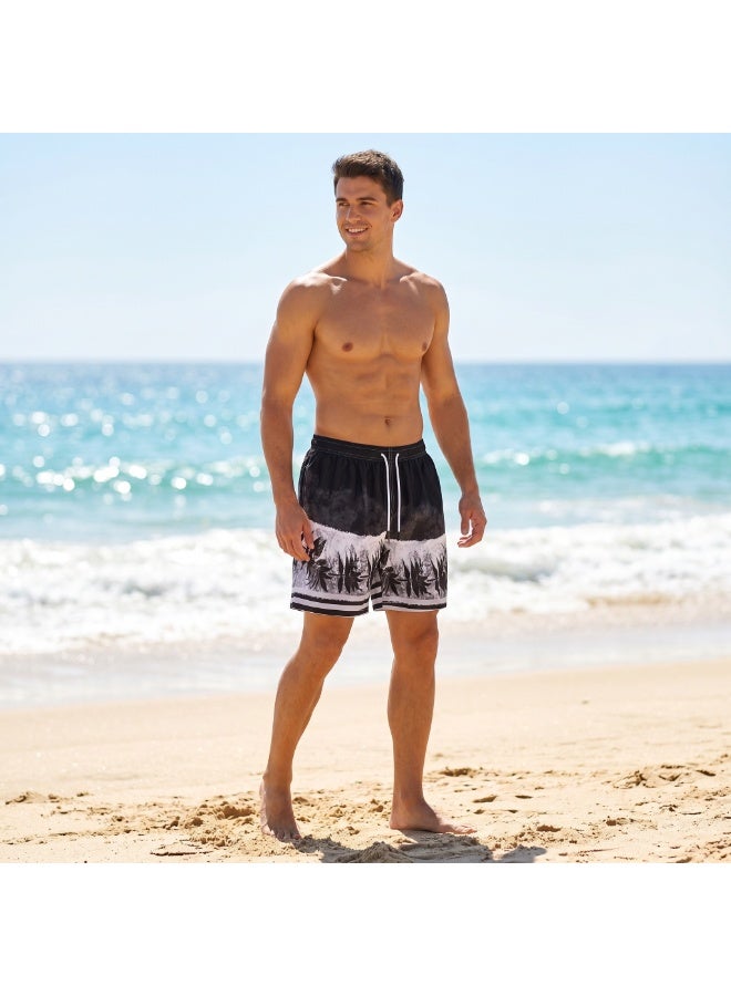 IceZone Men's Swim Trunks, Black & White Palm Tree Print, Quick Dry Beach Shorts with Mesh Lining & Drawstring - Image 1