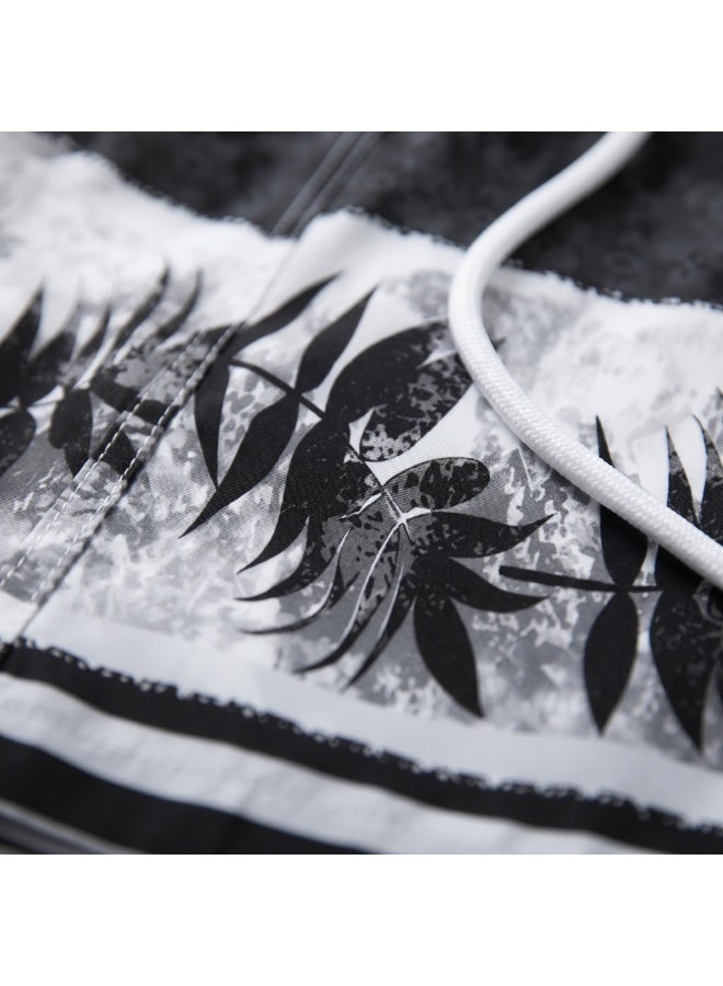 IceZone Men's Swim Trunks, Black & White Palm Tree Print, Quick Dry Beach Shorts with Mesh Lining & Drawstring - Image 2