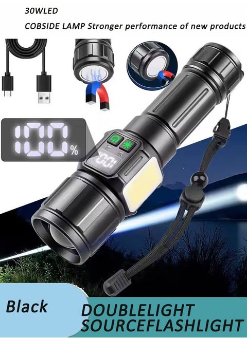 Camping Flashlight | 9 Modes High Lumen Waterproof Shockproof Flashlight | 1500m Zoomable 30W LED Camping Accessory | 5000mAh Rechargeable Battery for up to 10 Hours of Use | Magnetic Base with COB Side Light for Multiple Uses