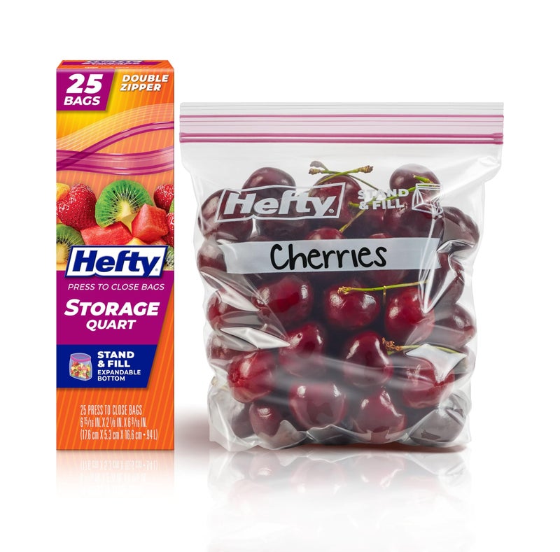 Hefty Press to Close Plastic Bags for Food Storage, Quart Size, 25 Count - Image 1