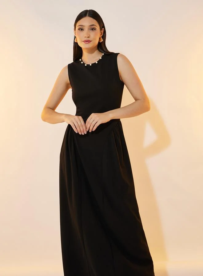 تايك تو Faux Pearl Detail Sleeveless A-Line Maxi Dress