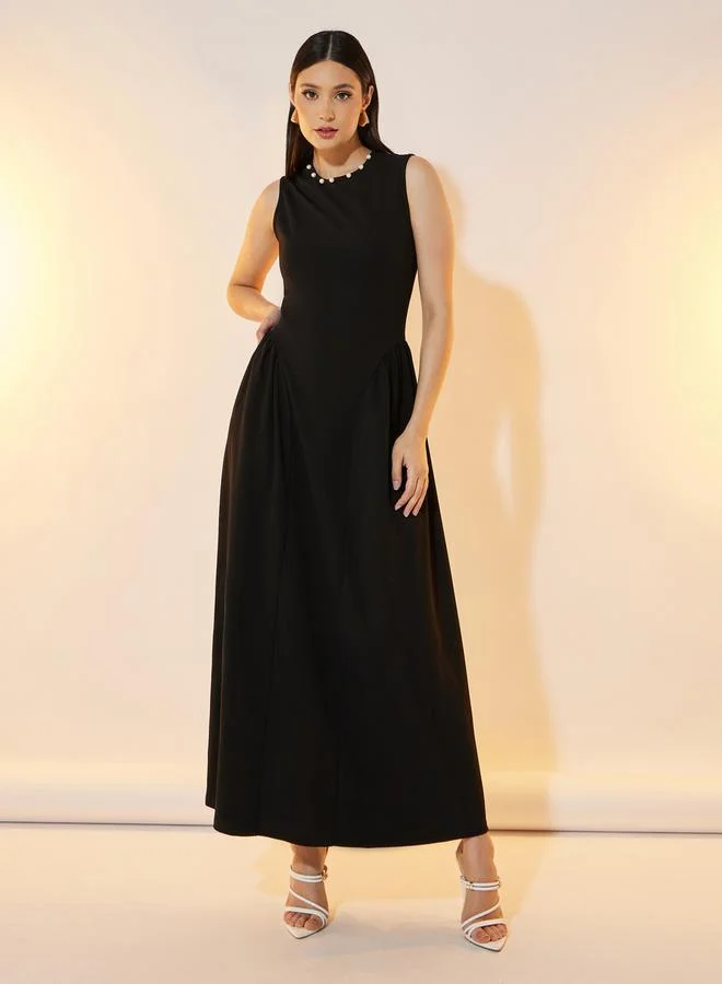 تايك تو Faux Pearl Detail Sleeveless A-Line Maxi Dress