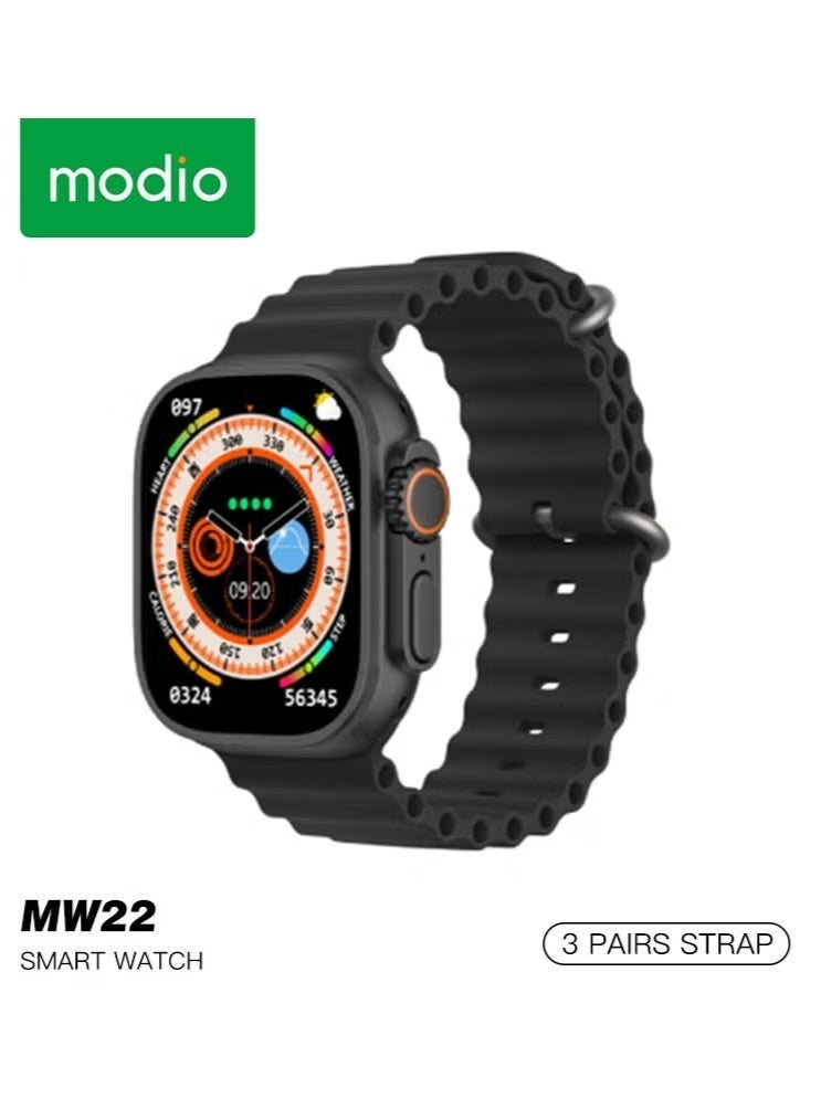 موديو ساعه Modio MW22 الذكيه بشاشه كامله كبيرة 2,2 انش , تدعم مميزات التتبع الصحي والاوضاع الرياضيه , تدعم الاشعارات والتنبيهات الذكيه , بطاريه قويه , تصميم انيق وعصري , 3 احزمه مرفقين للتبديل ,(اسود) - Image 1