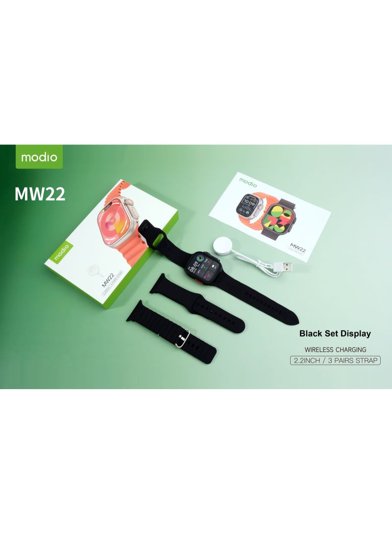 موديو ساعه Modio MW22 الذكيه بشاشه كامله كبيرة 2,2 انش , تدعم مميزات التتبع الصحي والاوضاع الرياضيه , تدعم الاشعارات والتنبيهات الذكيه , بطاريه قويه , تصميم انيق وعصري , 3 احزمه مرفقين للتبديل ,(اسود) - Image 2