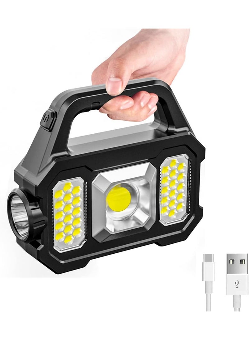 Solar Handheld Flashlight with USB Cable, 6 Modes Rechargeable Multifunction Lights Super Bright LED Searchlight, Lightweight Waterproof Portable Spotlight for Outdoor Camping Emergencies - Image 1