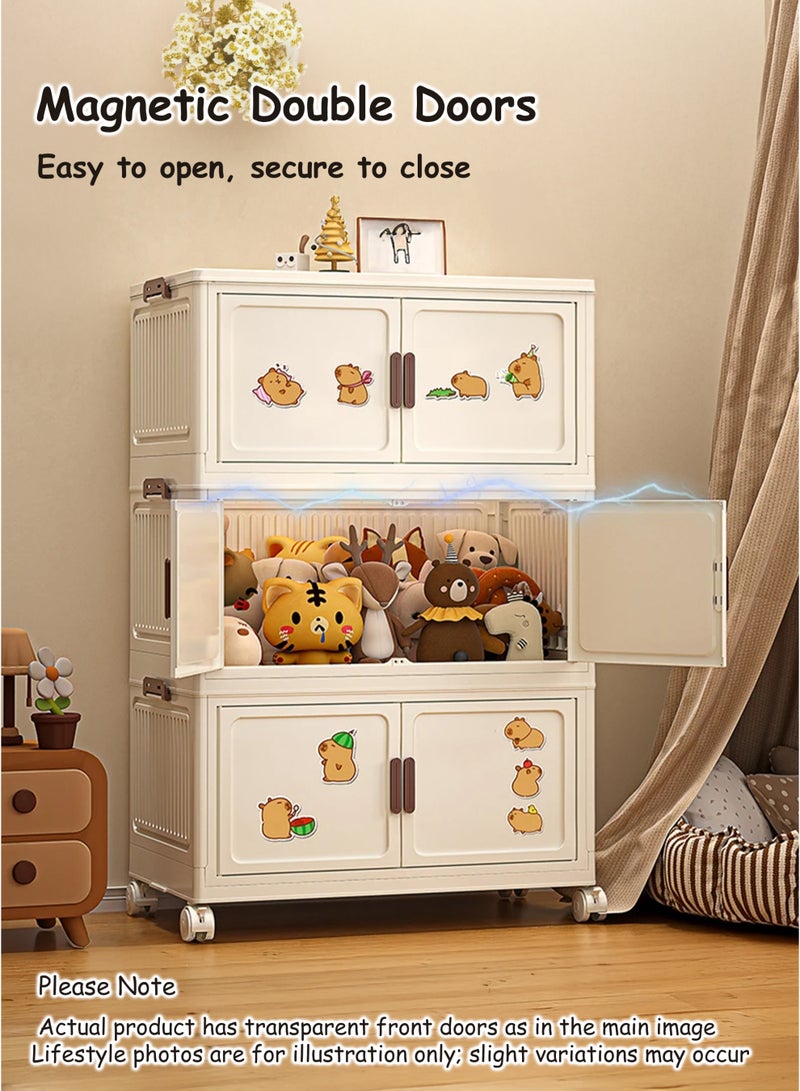 Toshionics 3 Tier Baby Plastic Storage Cabinet - 55x31x85cm - with Transparent Brown-Tinted Acrylic Double Doors and Lockable Wheels – Multi-Layer Foldable, Stackable, Versatile Nursery Organizer for Clothes, Diapers, Toys and Essentials- Available in Various Sizes - Image 5