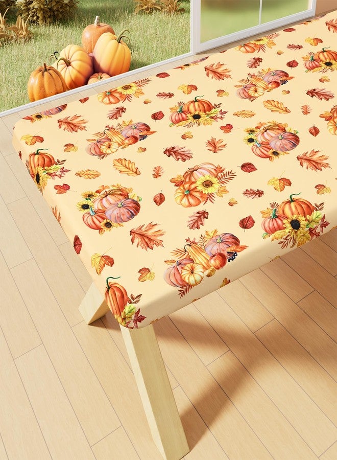 smiry مفرش طاولة مستطيل الشكل من سميري لعيد الشكر، مفارش طاولة مطاطية مقاومة للماء تناسب الطاولات بطول 6 أقدام، غطاء طاولة من البوليستر قابل للغسل لحفلات حصاد الخريف (قرع وعباد الشمس، 30 × 72 بوصة). - Image 1
