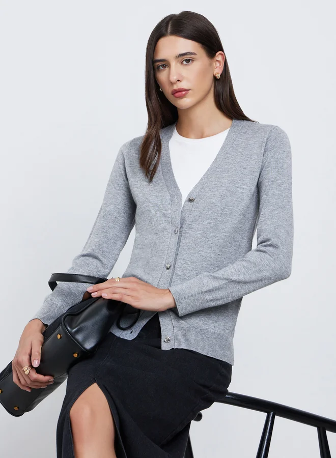 Take Two Take Two Grey Regular Fit Cardigan with Heart Print