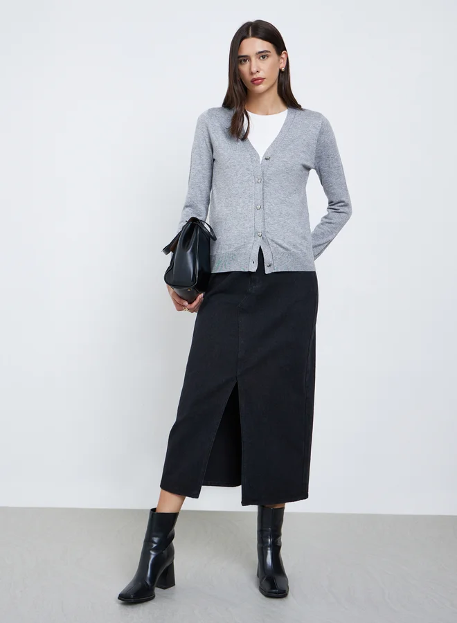 Take Two Take Two Grey Regular Fit Cardigan with Heart Print