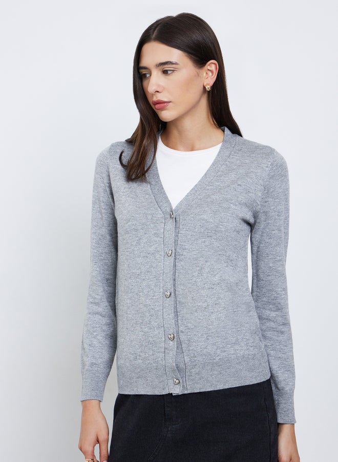 Take Two Grey Regular Fit Cardigan with Heart Print - Image 4