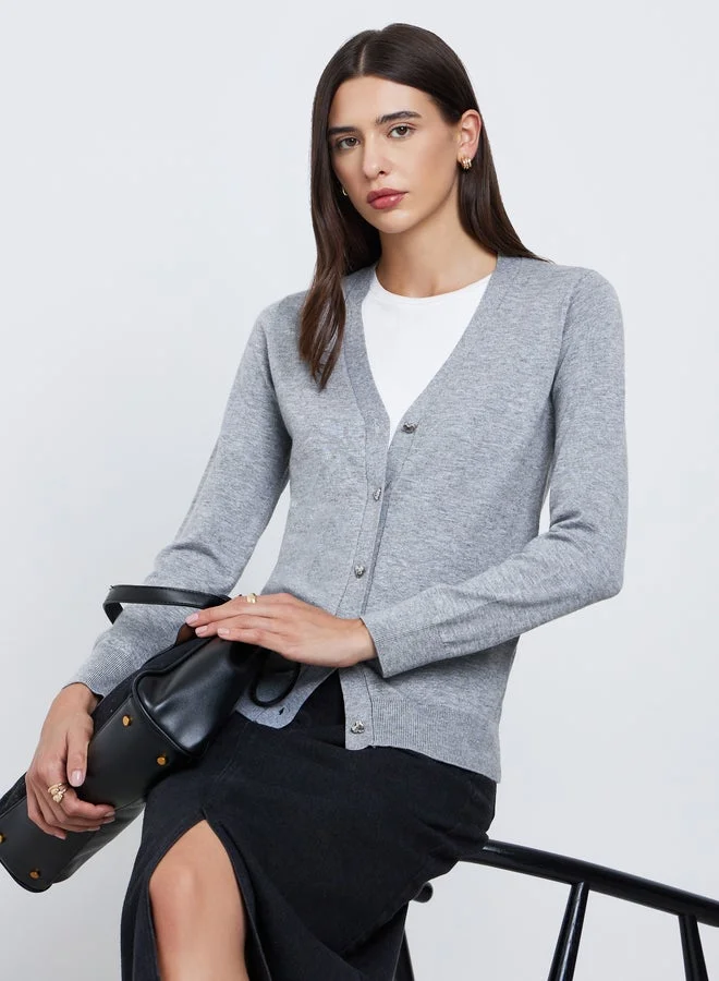 Take Two Take Two Grey Regular Fit Cardigan with Heart Print