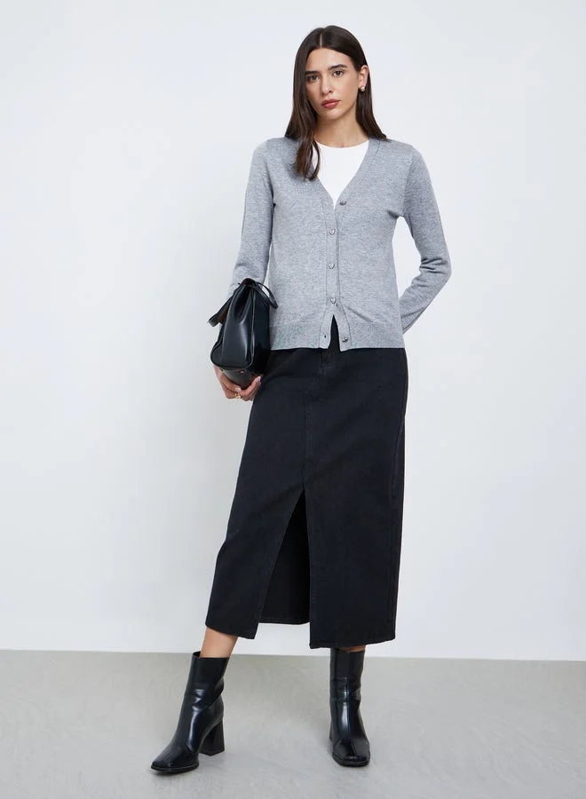 Take Two Take Two Grey Regular Fit Cardigan with Heart Print