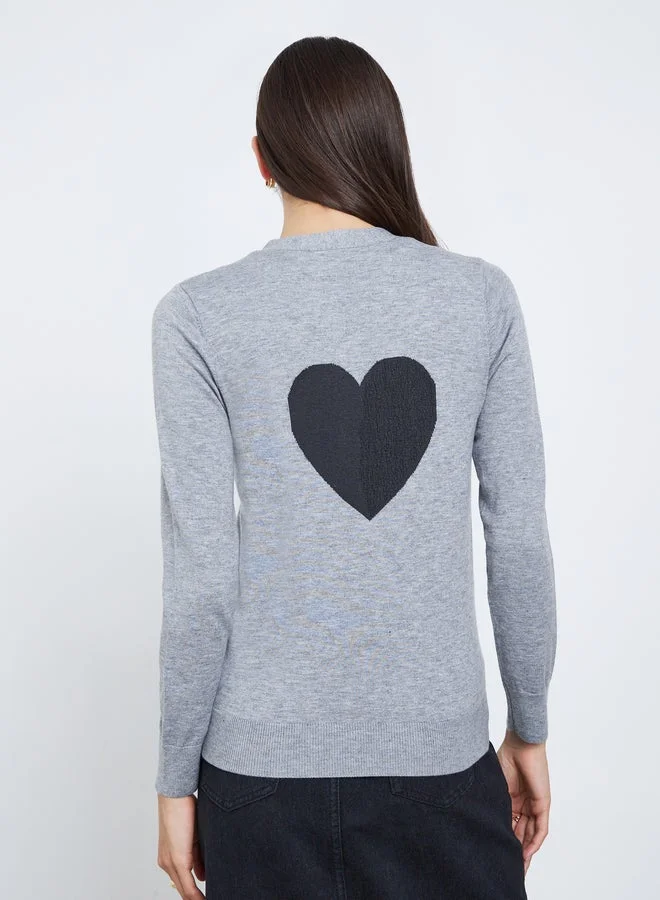 Take Two Take Two Grey Regular Fit Cardigan with Heart Print