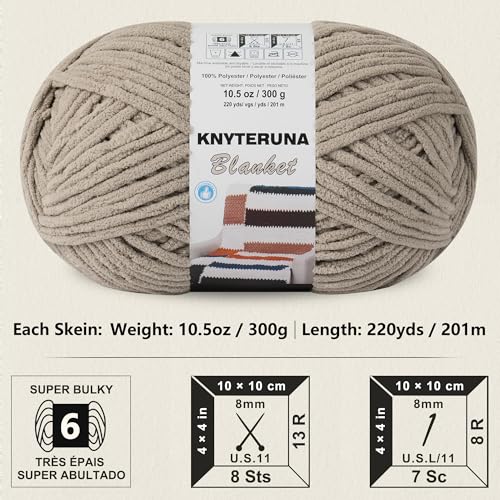 Knyteruna #6 Super Bulky Blanket Yarn for Crocheting - 4 Skeins(Each 10.5oz/300g, 220yds/201m), Chunky Chenille Thick Plush Big Soft Yarn for Crocheting Knitting Blankets, Khaki - Image 2