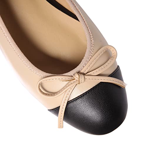 SHODENSE Women Cap Toe Bow Flats Two Tone Slip On Ballet Flats Comfy Closed Round Toe Flats Colorblock 1 Inch Low Flat Heel Dress Shoes Cute Casual Walking Flats Matte Beige 9.5 M US - Image 5