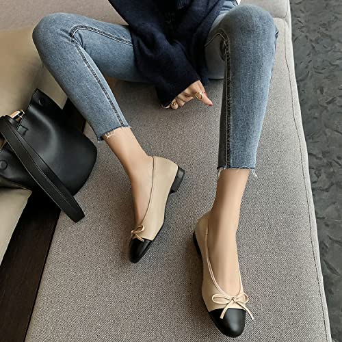 SHODENSE Women Cap Toe Bow Flats Two Tone Slip On Ballet Flats Comfy Closed Round Toe Flats Colorblock 1 Inch Low Flat Heel Dress Shoes Cute Casual Walking Flats Matte Beige 9.5 M US - Image 4