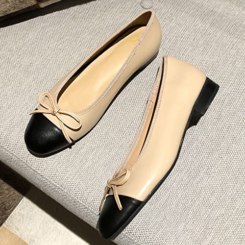 SHODENSE Women Cap Toe Bow Flats Two Tone Slip On Ballet Flats Comfy Closed Round Toe Flats Colorblock 1 Inch Low Flat Heel Dress Shoes Cute Casual Walking Flats Matte Beige 9.5 M US - Image 3
