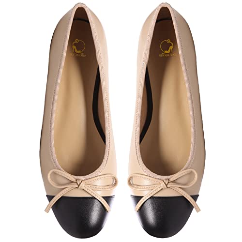 SHODENSE Women Cap Toe Bow Flats Two Tone Slip On Ballet Flats Comfy Closed Round Toe Flats Colorblock 1 Inch Low Flat Heel Dress Shoes Cute Casual Walking Flats Matte Beige 9.5 M US - Image 1