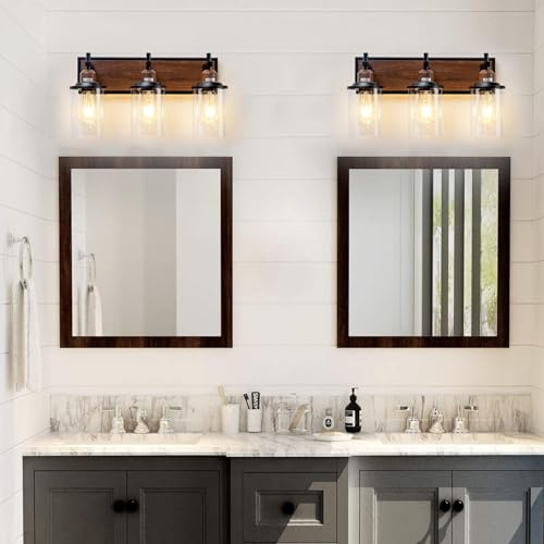 Lanhall 3-Light Farmhouse Bathroom Light Fixtures Vintage Vanity Lights Over Mirror Black and Wood Painted Metal Vanity Light with Glass Shades E26 Socket - Image 2