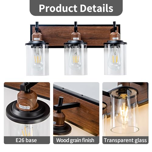Lanhall 3-Light Farmhouse Bathroom Light Fixtures Vintage Vanity Lights Over Mirror Black and Wood Painted Metal Vanity Light with Glass Shades E26 Socket - Image 4