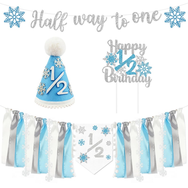 THAWAY 1/2 Birthday Snowflake Half Birthday Decorations - Snowflake It's My 1/2 Birth Banner Glitter Cake Topper Tassel High Chair Banner & Crown, Hat Halfway to One Boy Girl Party Supplies - Image 1