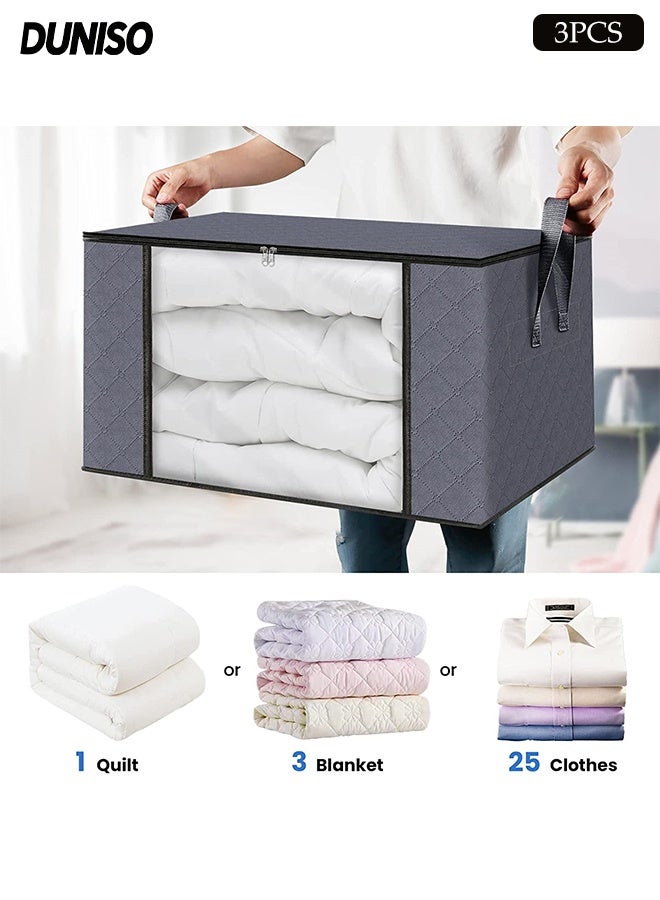 DUNISO 3 Pcs Large Storage Bags，Clothes Organizer with Handles and Zippers，Heavy-Duty Foldable Organizers with Visualization Window，Breathable and Moisture-proof，for Storing Duvet Covers, Blankets, Clothing, and Household Items - Image 1