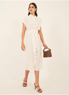 Solid Buttoned Tie Up Shirt Midi Dress