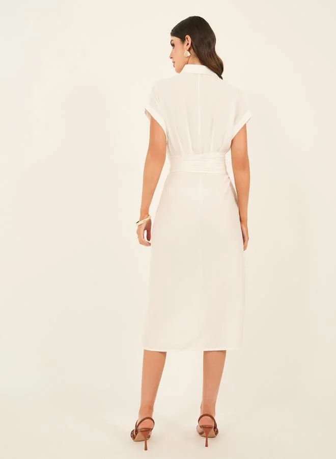 Styli Belted Shirred Midi Dress