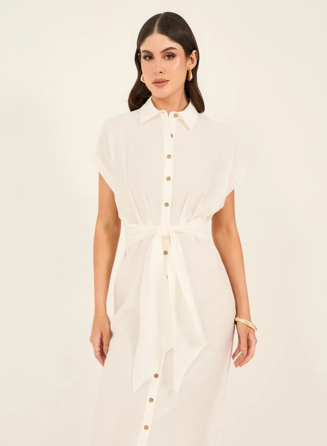 Styli Belted Shirred Midi Dress