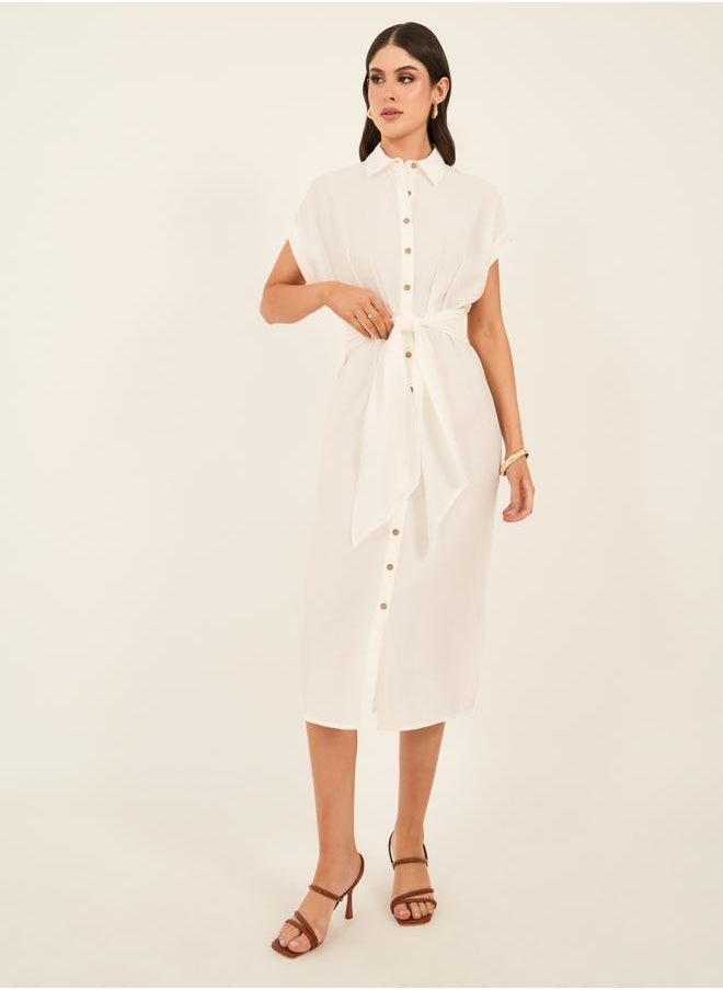 Styli - Solid Buttoned Tie Up Shirt Midi Dress - Image 1