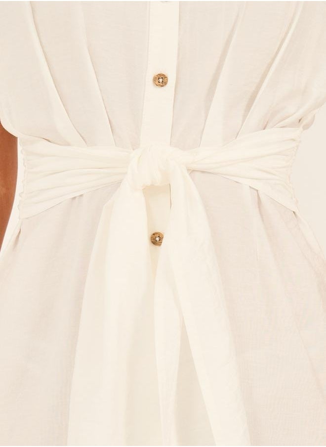 Styli - Solid Buttoned Tie Up Shirt Midi Dress - Image 1