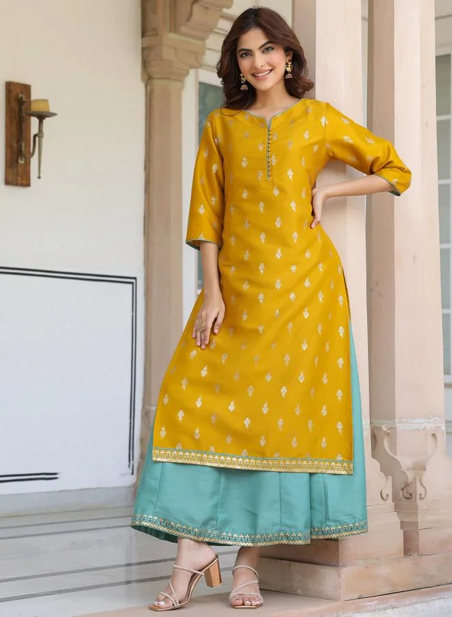 جاناسيا Janasya Foil Print Silk Blend Kurta and A-Line Dress Set