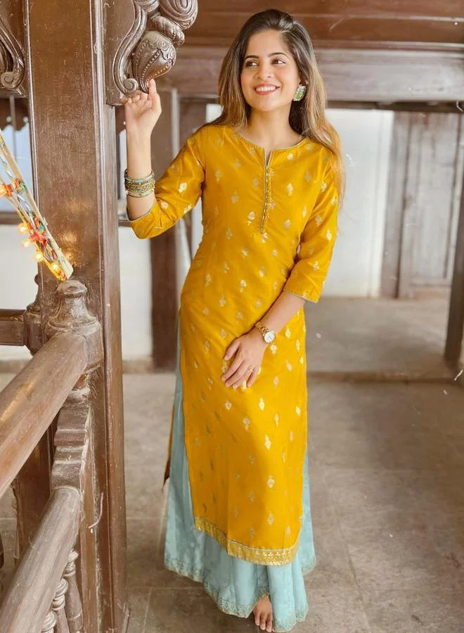 جاناسيا Janasya Foil Print Silk Blend Kurta and A-Line Dress Set