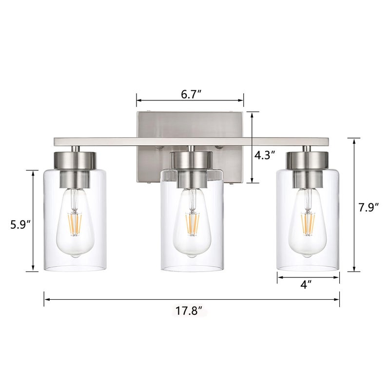A1A9 3-Light Bathroom Vanity Light, Modern Brushed Nickel Wall Lights with Clear Glass Shades, Bathroom Wall Sconce Lamp for Mirror Living Room Bedroom Hallway - Image 3