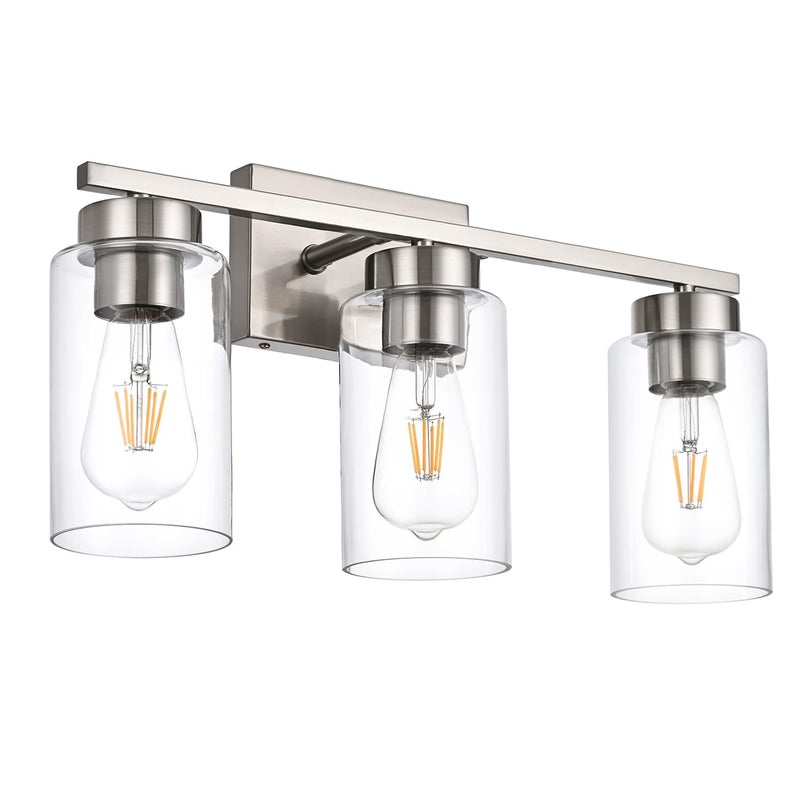 A1A9 3-Light Bathroom Vanity Light, Modern Brushed Nickel Wall Lights with Clear Glass Shades, Bathroom Wall Sconce Lamp for Mirror Living Room Bedroom Hallway - Image 2