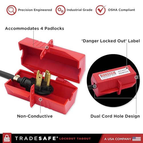 TRADESAFE Plug Lock for Lockout Tagout - 220 Volt Power Cord Lockout, Large Electrical Plug Lock, Industrial Grade Electrical Plug Lockout Device, OSHA Compliant Red - Image 3